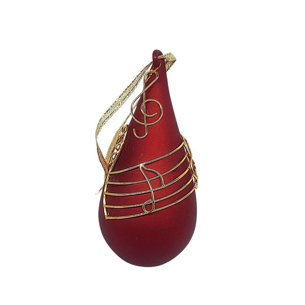 Burgundy Teardrop Bulb w/Gold Tone Musical Notes On Staff Christmas Ornament